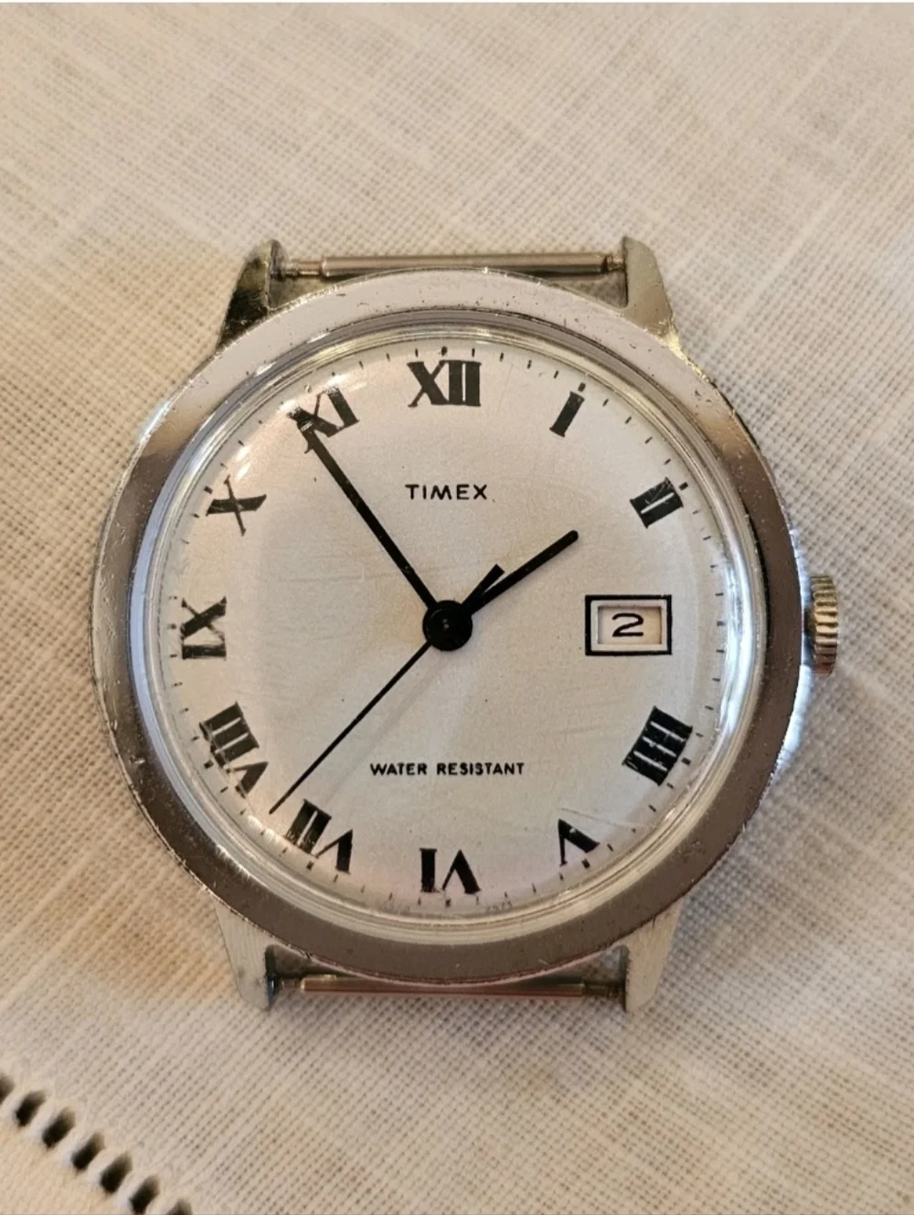 Vintage 73 Timex Marlin Watch Unique Iridescent White Dial Silver Case 34mm Date